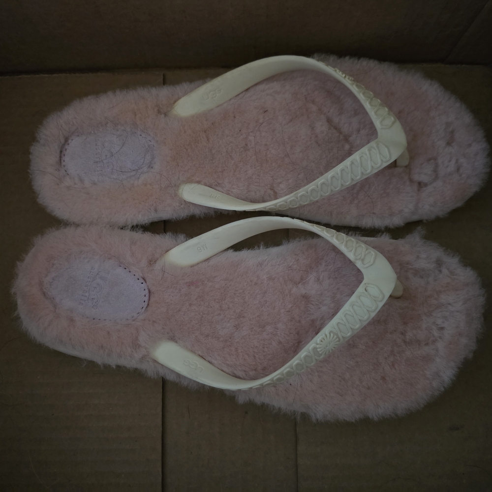 UGG Pink Faux-Fur Flip-Flop Slippers with Cream Straps